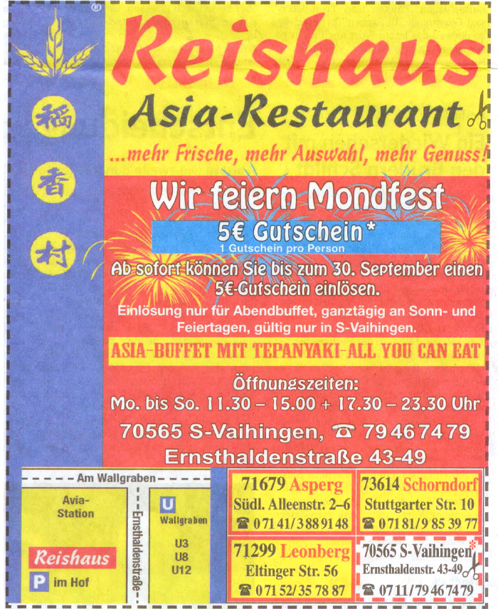 Originale Anzeige Restaurant Reishaus in Stuttgart Vaihingen
